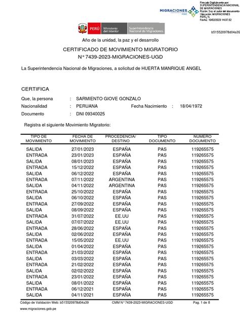 Certificado Movimiento Migratorio | PDF