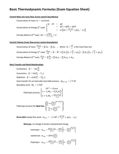 Basic Thermodynamic Formulas Exam Equation Sheet - Docsity