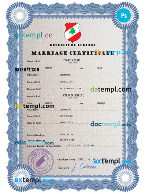 Lebanon marriage certificate PSD template, completely editable