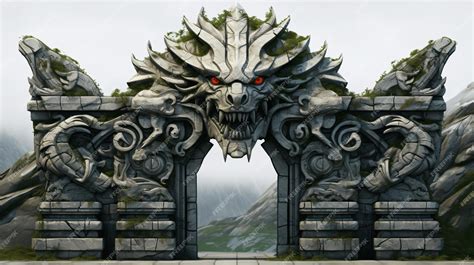 Premium AI Image | Fantasy medieval stone gate with sculpted dragon head