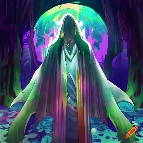 Anime-style illustration of a zanpakuto spirit summoning cloud warriors in a vibrant forest on ...