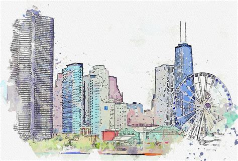 Chicago Skyline, Illinois, USA - 2, watercolor, ca 2020 by Ahmet Asar ...