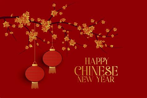 happy chinese new year red background with tree and hanging lamps - Download Free Vector Art ...