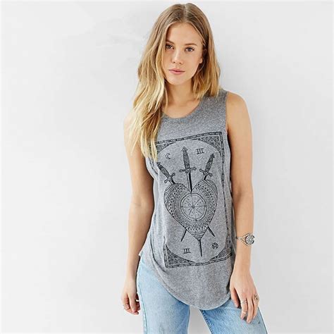 New Summer Style Women T shirts totem Printed Sleeveless Gray Lady Tops ...