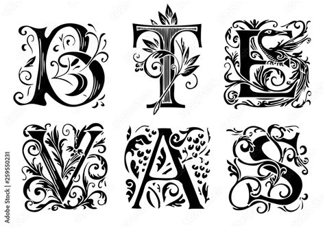 Vector set of six decorative hand drawn initial letters. English letters in vintage style. Fancy ...