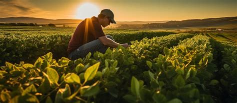 Premium AI Image | Soybean field examining crop at sunset