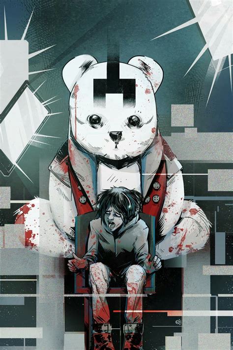 an image of a person sitting next to a teddy bear with blood all over it