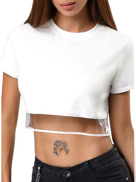 Unique Bargains - Women's Clear Crop Tee Shirt Junior Teen Top M White - Walmart.com - Walmart.com