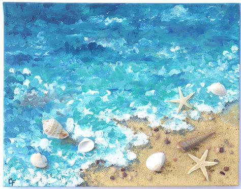 Beach painting of shoreline with real starfish by TheEscapeArtist