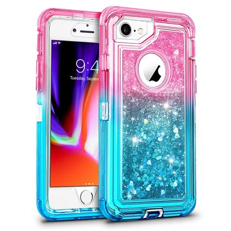 For Apple iPhone 8 / iPhone 7 / iPhone 6/6S Tough Defender Sparkling Liquid Glitter Heart Case ...