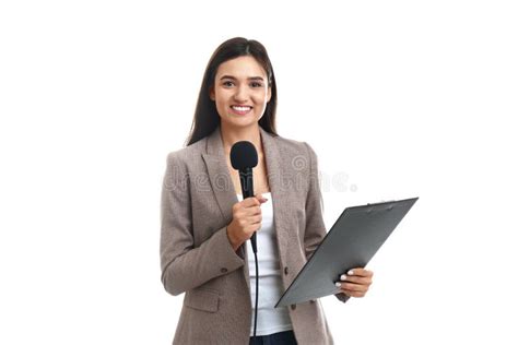 Journalist with Microphone and Clipboard on Green, Closeup. Space for ...