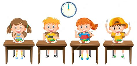 Niños almorzando saludablemente en la escuela. | Vector Premium