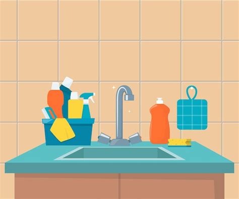 Premium Vector | Kitchen sink clean sink with kitchenware modern furniture and utensils washing ...