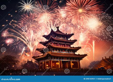 Chinese Lunar New Year Celebration. Fireworks Over a Traditional ...