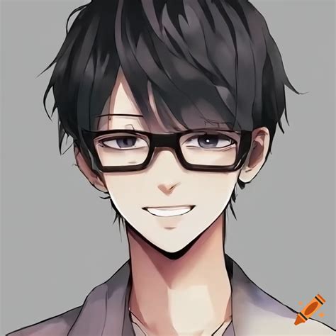 A black hair anime boy wear glasses with big smile look so happy