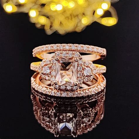 2022 New Luxury Rose Gold Color Princess Wedding Ring Set for Women Lady Anniversary Gift ...