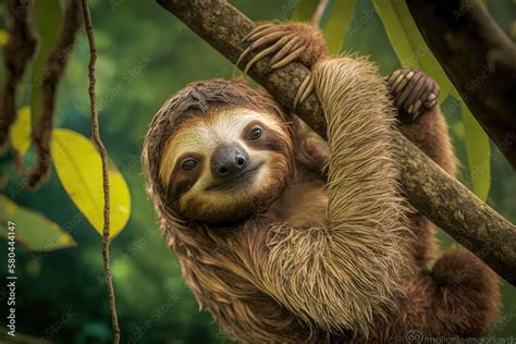 Cute sloth hanging from tree branch with funny face, perfect portrait of wild animal in the ...