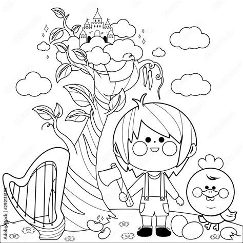 Jack and the magic beanstalk. Vector black and white coloring page Stock Vector | Adobe Stock