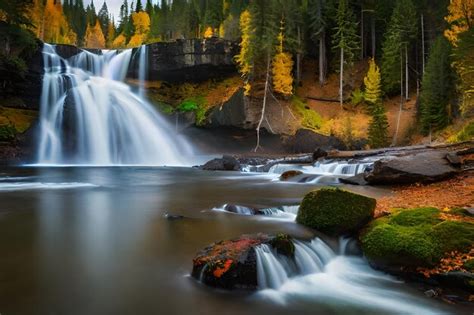 Premium AI Image | a waterfall in the woods with a waterfall in the ...