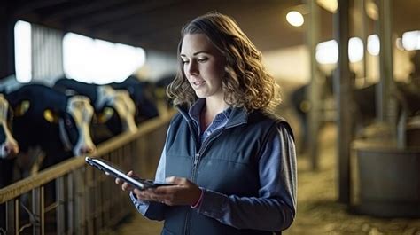 Premium AI Image | Female farmer with tablet pc standing by cow at cattle farm