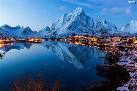 Reine Village, Norwegian Sea, light, winter, Mountains, Lofoten, Norway, Houses - Beautiful ...