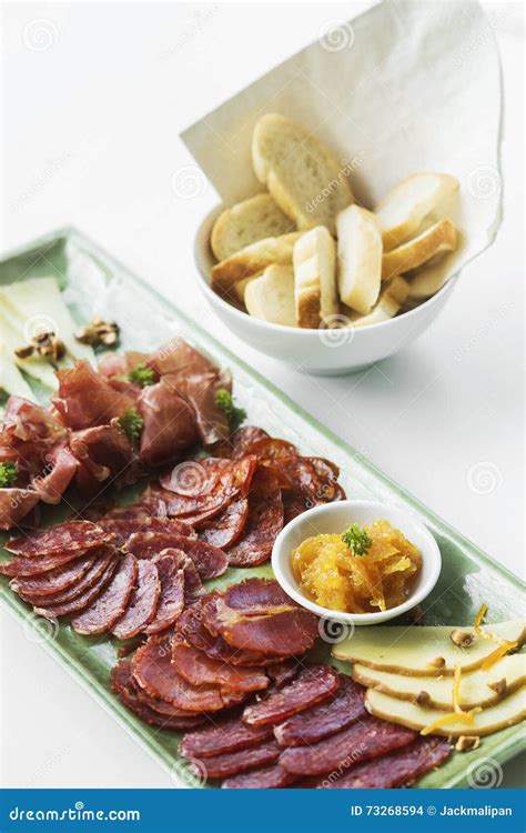 Spanish Serrano Ham Chorizo Sausage and Cheese Tapas Platter Stock ...