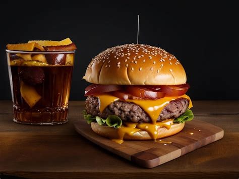 Premium Photo | A delicious triple meat cheeseburger with bacon and wine whiskey image ai generative