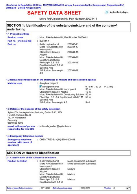 (PDF) SAFETY DATA SHEET - Agilent · :pdl-msds_author@agilent.com 1.2 Relevant identified uses of ...