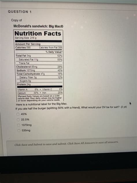 Solved QUESTION 1 Copy of McDonald's sandwich: Big Mac | Chegg.com