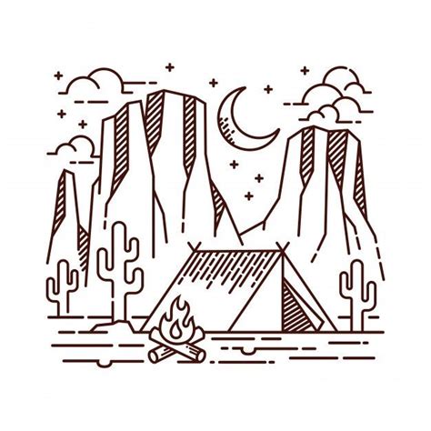 Premium Vector | Camping in the desert line illustration | Line art vector, Line illustration ...