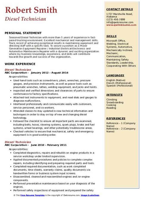 Diesel Technician Resume Samples | QwikResume