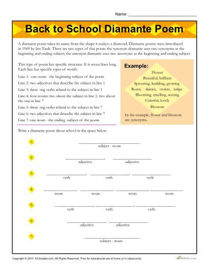 Back to School Diamante Poem Worksheet - Elementary School