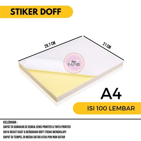 Jual Kertas Stiker Doff A4 isi 100 lembar / Stiker Label Nama A4 / Sticker Label Nama | Shopee ...