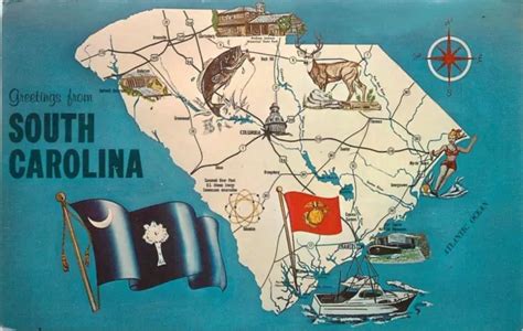 SOUTH CAROLINA MAP PC~State Flag~Yellow Jassamine~Wren~Largemouth Bass~1960's $6.00 - PicClick