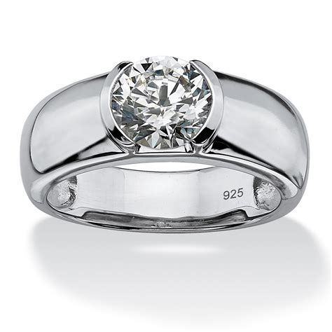 Men's 2 TCW Round Semi-Bezel-Set Cubic Zirconia Ring in Platinum over ...