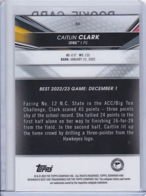 CAITLIN CLARK ROOKIE CARD 2022 Iowa Hawkeyes Basketball RC BOWMAN ...