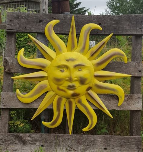 Items similar to Large Metal Sun Wall Art Yellow and Antique Brass Garden Decor Metal Sun Face ...