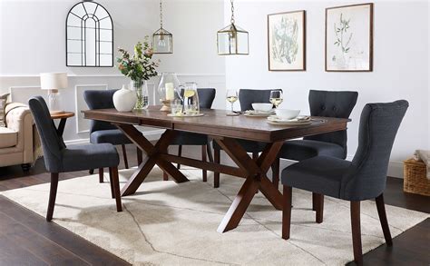 Grange Dark Wood Extending Dining Table with 8 Bewley Slate Fabric ...