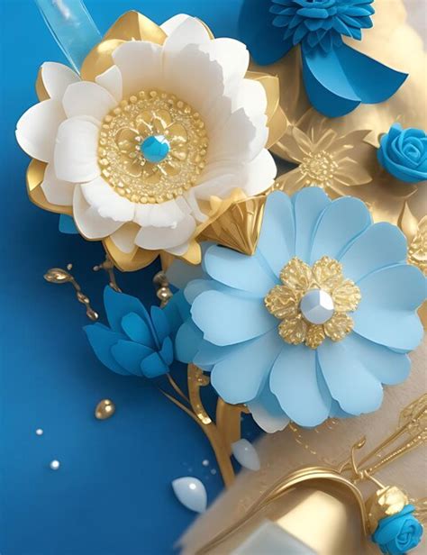 Premium Photo | 3D Serene Blue White and Gold Floral Background