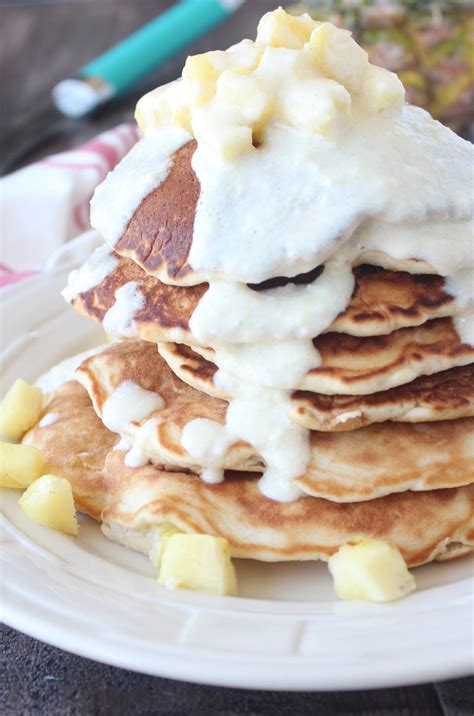 Pineapple Coconut Pancakes with Cream Cheese Syrup | Coconut pancake recipe, Coconut pancakes ...