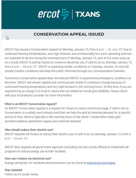 Alert from ERCOT about Texas Grid...