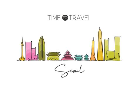 One continuous line drawing of Seoul city skyline, South Korea. Beautiful landmark home decor ...