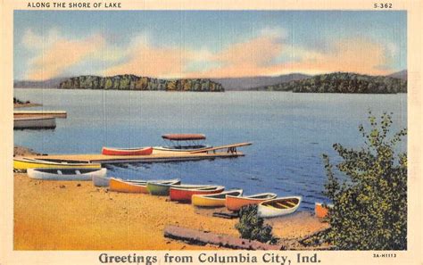 Columbia City Indiana Row Boat Waterfront Greeting Antique Postcard ...