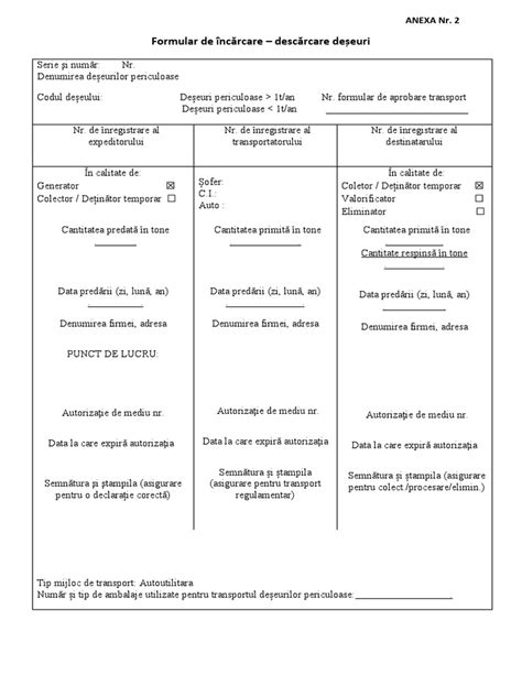 Formular incarcare-descarcare deseuri Anexa 2-deseuri periculoase | PDF