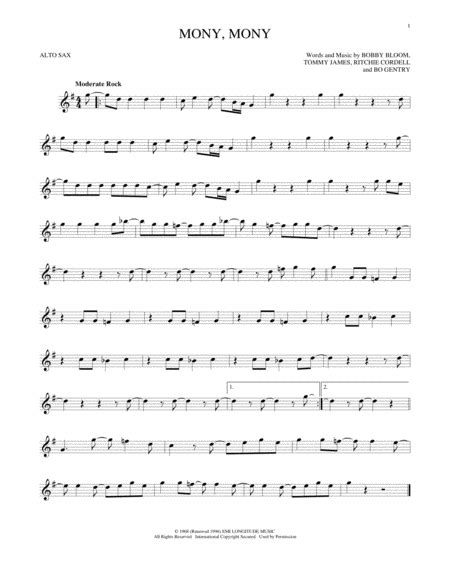 Mony, Mony By Billy Idol Tommy James - Digital Sheet Music For Alto Sax Solo - Download & Print ...