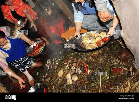 Preparing the ingredients of a curanto, a traditional meal cooked in a pit on the island of ...