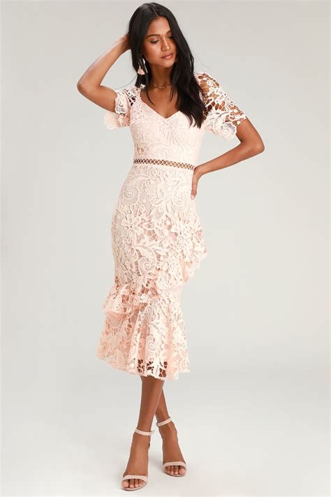 Lovely Blush Pink Dress - Lace Dress - Midi Dress - Trumpet Dress - Lulus