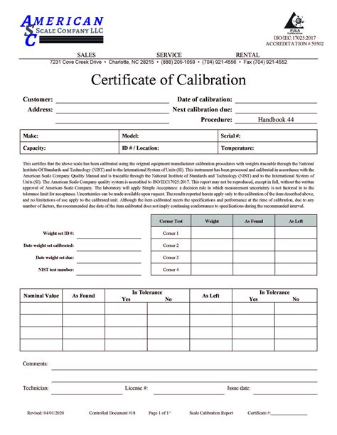 Calibration Certificate Template