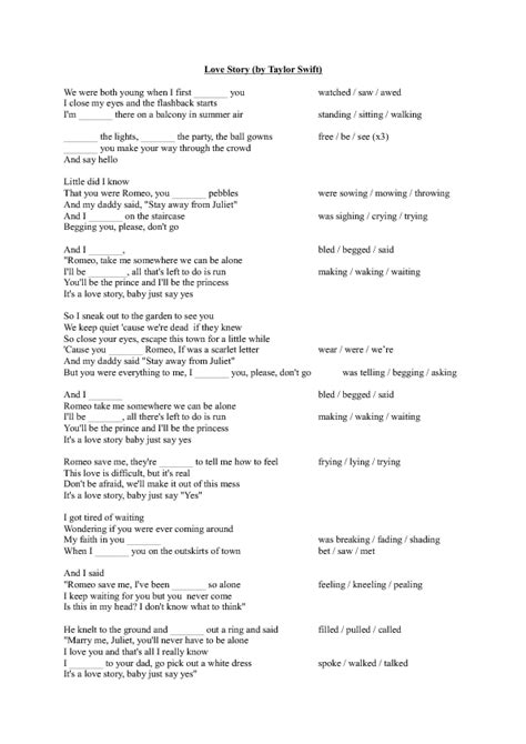 Song Worksheet: Love Story by Taylor Swift