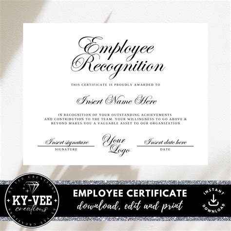 Employee Recognition Certificate Template, INSTANT DOWNLOAD, Printable ...